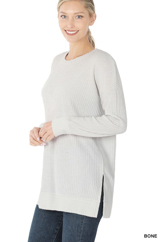 Bone Thermal Waffle Long Sleeve Round Neck Sweater Top