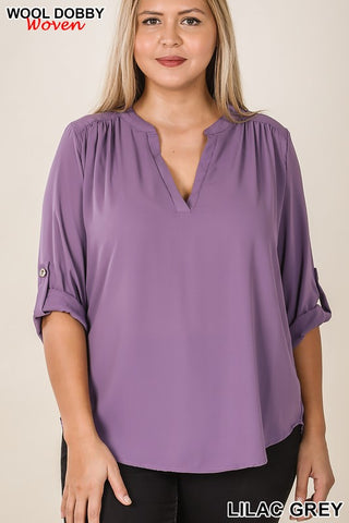 Purple Split Neck Roll Up Sleeve Blouse - Plus