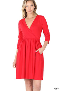 Ruby Red Soft 3/4 Sleeve Short Dress