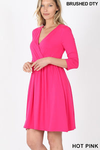 Hot Pink 3/4 Sleeve Pocket Dress