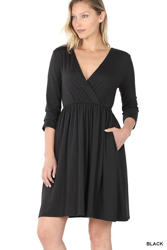 Black Soft 3/4 Sleeve Short Dress