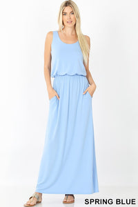 Spring Blue Sleeveless Pocket Maxi Dress