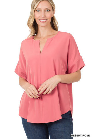 Desert Rose Split Neck Short Sleeve Top