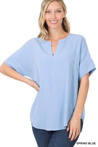 Spring Blue Split Neck Short Sleeve Top