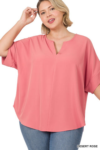 Desert Rose Split Neck Short Sleeve Top -Plus