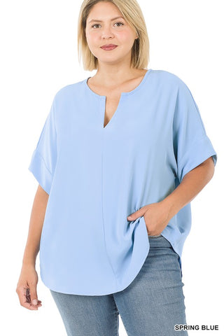 Spring Blue Split Neck Short Sleeve Top -Plus