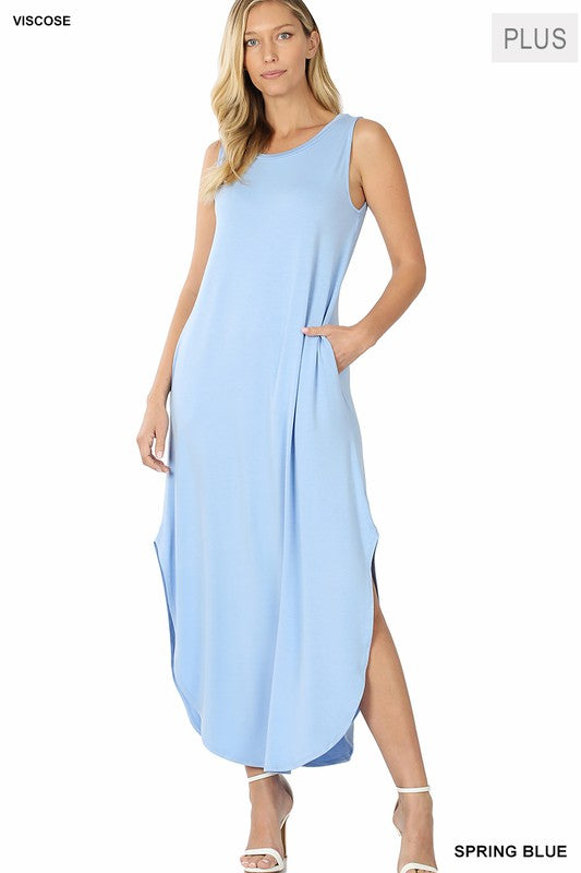 Spring Blue Sleeveless Maxi Dress with Side Slits - Plus