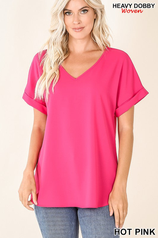 Hot Pink Woven V-neck Rolled Sleeve Top