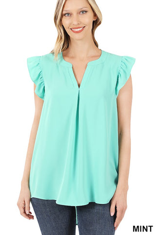 Mint Woven Wool Ruffled Sleeve Blouse