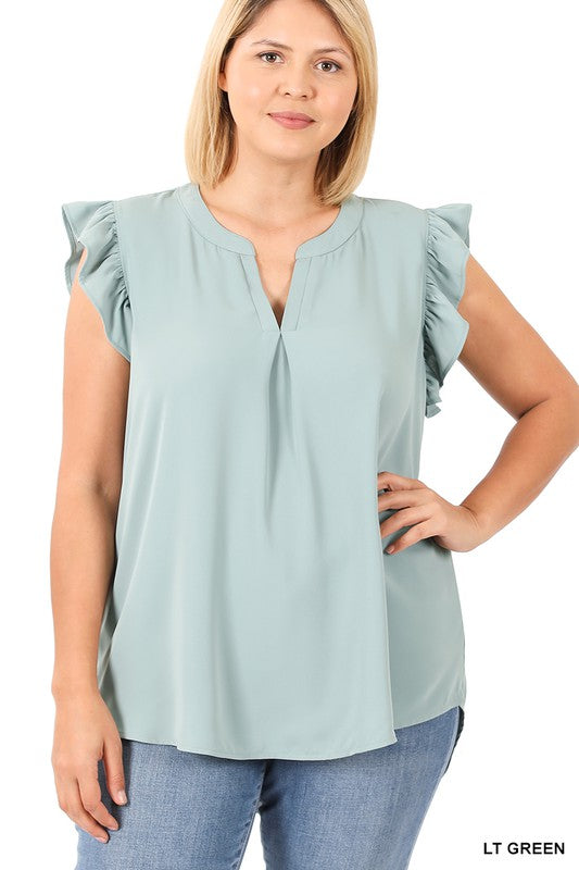 Light Green Woven Wool Ruffled Sleeve Blouse -Plus