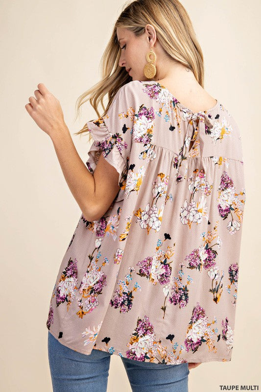 Taupe Multi Floral Ruffled Drop Shoulder Top