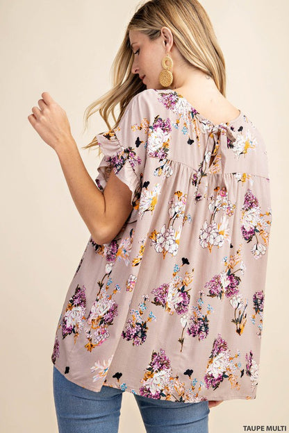 Taupe Multi Floral Ruffled Drop Shoulder Top