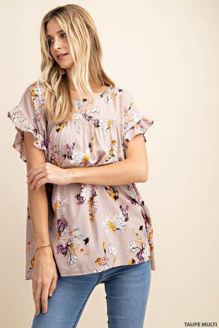 Taupe Multi Floral Ruffled Drop Shoulder Top