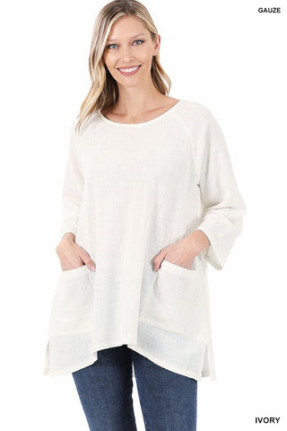 Ivory 3/4 Sleeve Top with Pockets