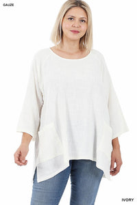 Ivory 3/4 Sleeve Top with Pockets - Plus