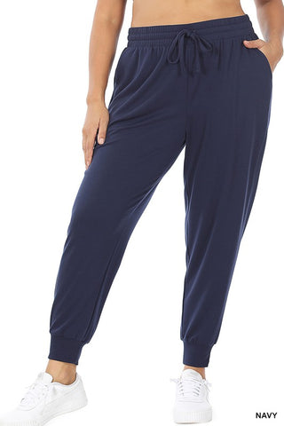 Navy Soft French Terry Waist Tie Joggers -Plus