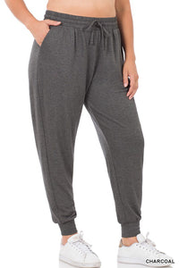 Charcoal Soft French Terry Waist Tie Joggers -Plus