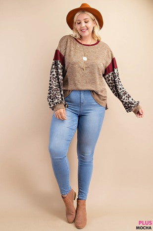Dark Mocha Color Block Bell Leopard Sleeve Top- Plus