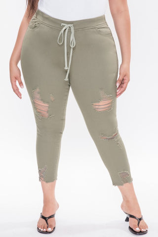Olive Green Elastic Waist Ripped Joggers -Plus