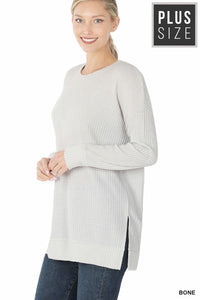Bone Thermal Waffle Long Sleeve Round Neck Sweater Top- Plus