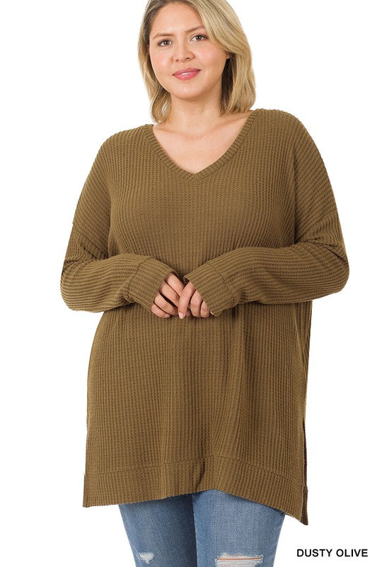 Dusty Olive Thermal Waffle Long Sleeve V-Neck Sweater Top- Plus