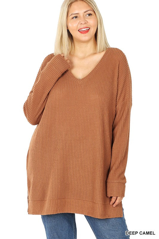Deep Camel Thermal Waffle Long Sleeve V-Neck Sweater Top- Plus
