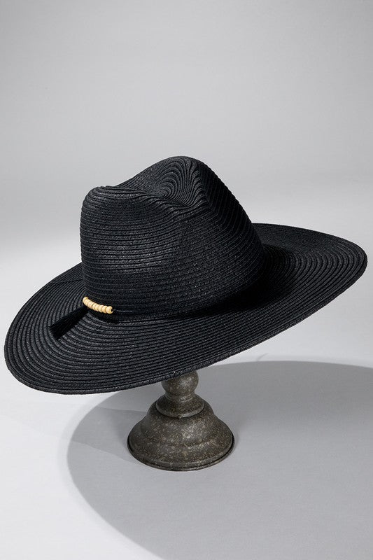 Pinched Top Contrast w/ Band & Wood Bead Accent Hat