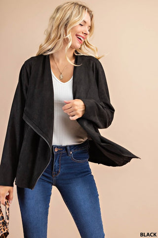 Black Faux Suede Front Side Zipper Jacket