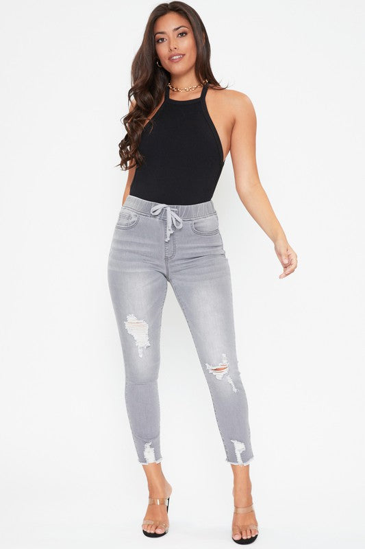 Gray High Rise Pull On Distressed Jeans
