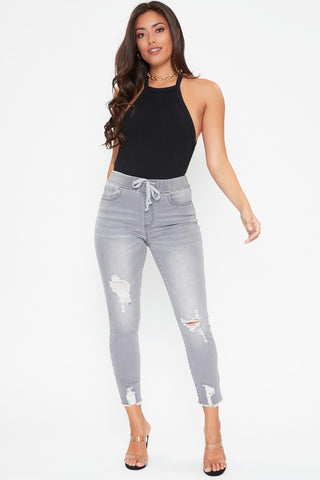Gray High Rise Pull On Distressed Jeans