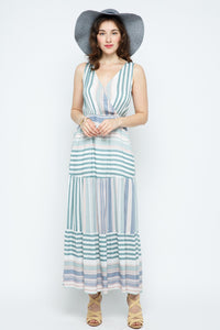 Sage Stripe Contrast V-neck Slit Maxi Dress