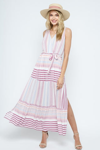Purple Stripe Contrast V-neck Slit Maxi Dress