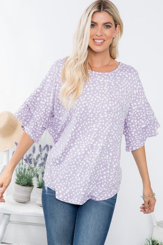 Lavender Dotted Print Ruffle Sleeve Top