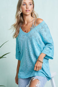 Turquoise Short Sleeve Lightweight Sweater Top