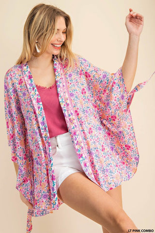 Pink Border Flower Print Tate Kimono