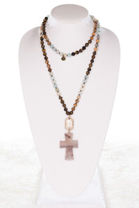 Long Natural Stone Beaded Necklace with Crystal and Cross Pendant