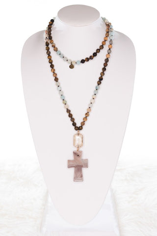 Long Natural Stone Beaded Necklace with Crystal and Cross Pendant