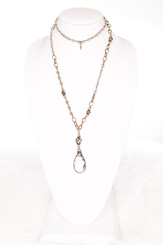 Long Chain Necklace with Robin Egg Stone and Teardrop Pendant