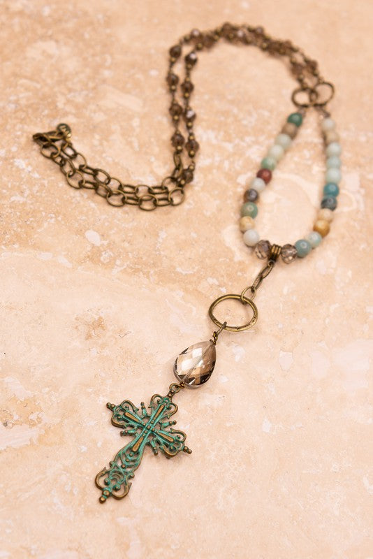 Half Bead Half Chain Teal Cross Neacklace