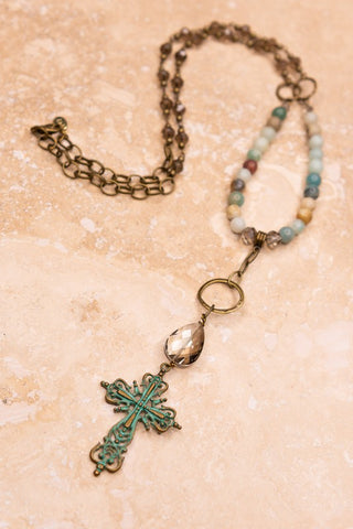 Half Bead Half Chain Teal Cross Neacklace