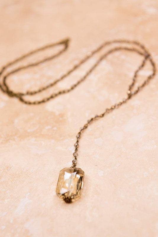 Long Beaded Chain Lariat Necklace with Crystal Pendant