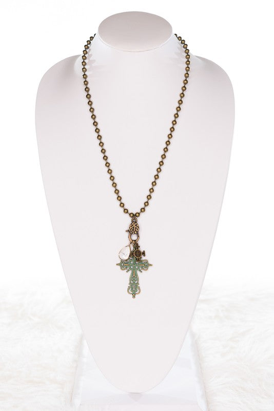 Bronze Ball Chain Necklace with Turquoise Cross