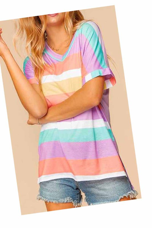 Lavender Multi Color Striped V-Neck Top