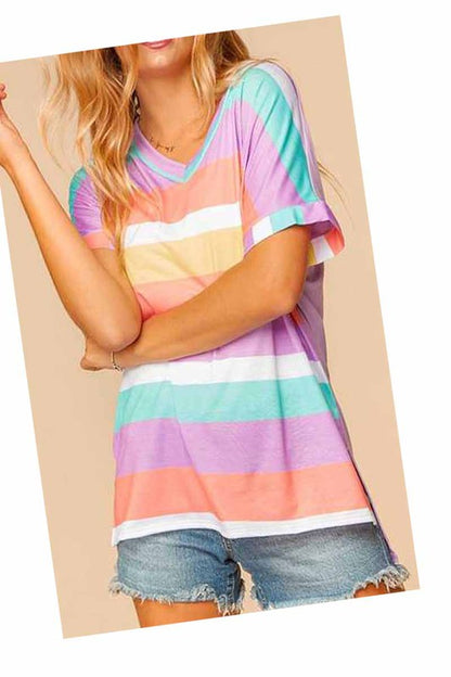 Lavender Multi Color Striped V-Neck Top