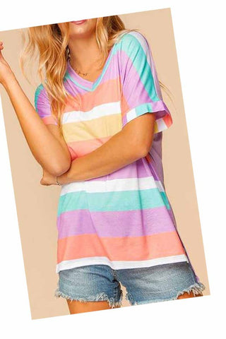 Lavender Multi Color Striped V-Neck Top