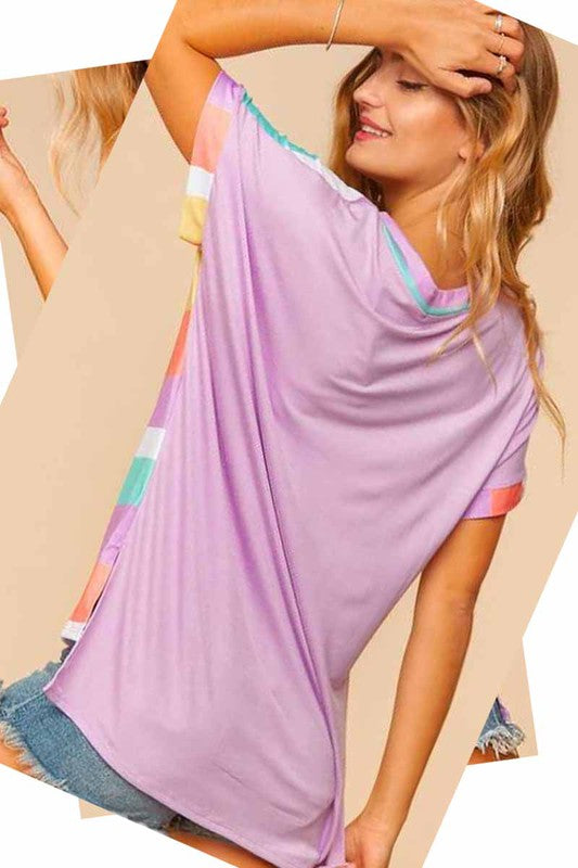 Lavender Multi Color Striped V-Neck Top