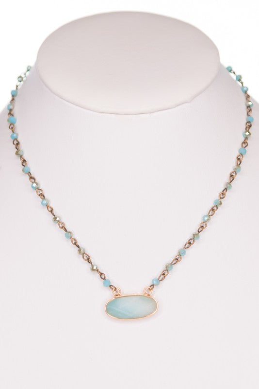 Teal Short Chain Beaded Necklace with Stone Pendant