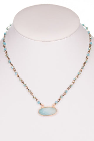 Teal Short Chain Beaded Necklace with Stone Pendant
