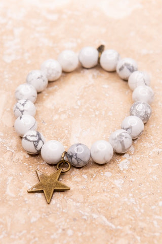 White Marble Bracelet with Matte Bronze Star Charm