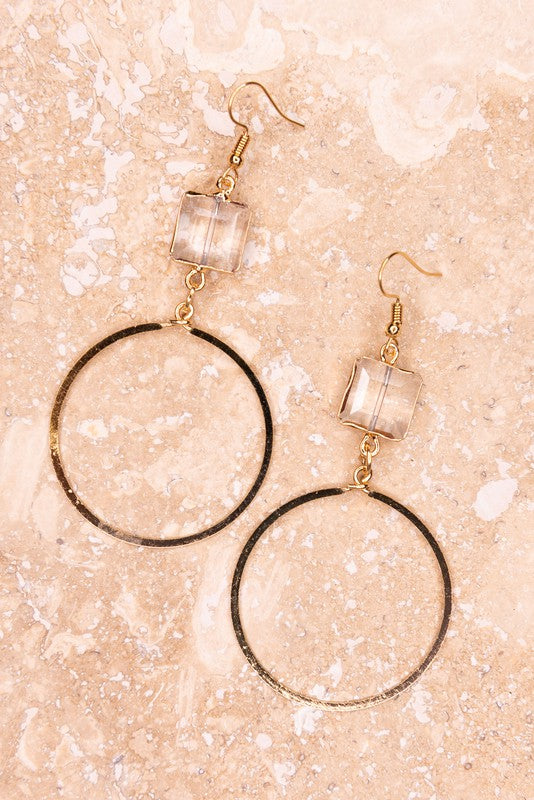Gold Circle Earrings with Crystal Charm